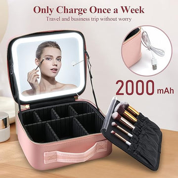 MocadoTravel Makeup Bag with LED Lighted Mirror Travel Makeup Organizer Makeup Case with 3 Color Lighted